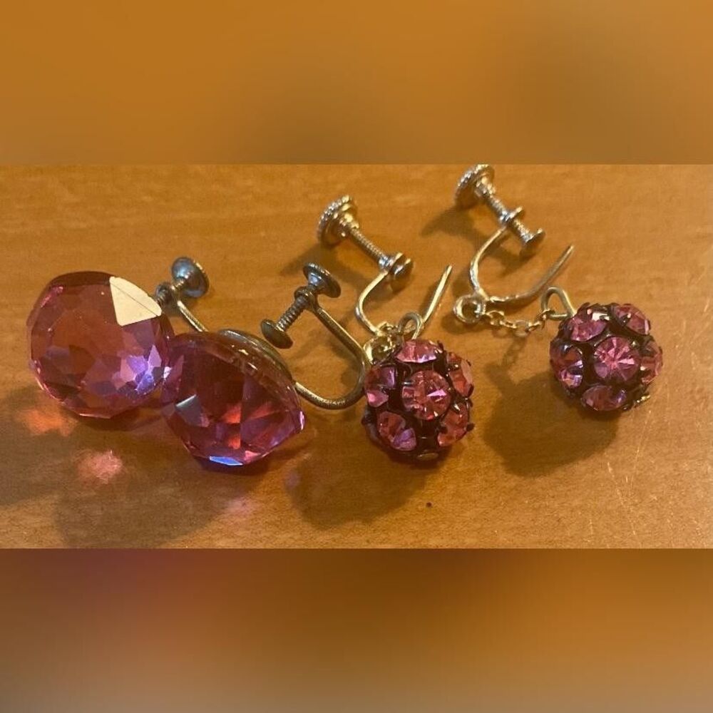 Vintage Pink Rhinestone Dangle Drop Earrings Screw Back Lot 2 Women’s Jewelry